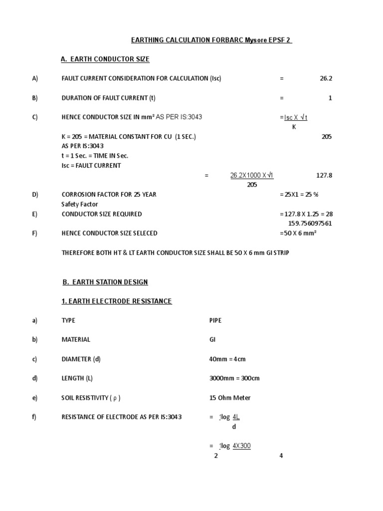 Earthing Calculation Forbarc Mysore Epsf 2 A. Earth Conductor Size ...
