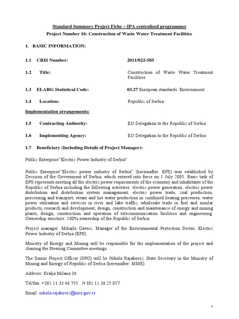 Serbia Waste Water Treatment Project | PDF | Environmental Impact ...