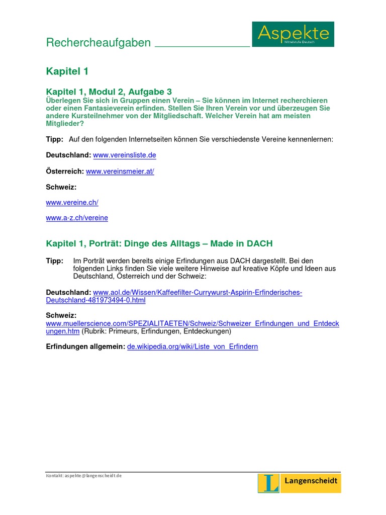Aspekte3 Rechercheaufgaben Kapitel1 | Pdf