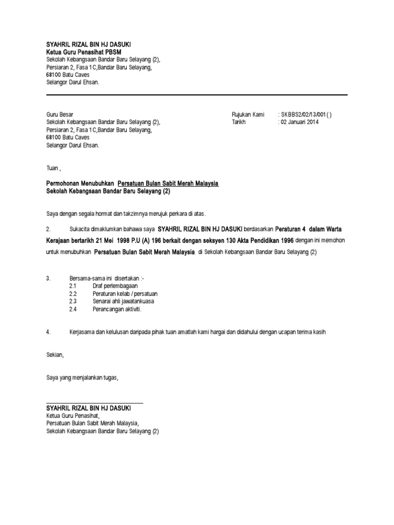 Contoh Surat Rasmi Penubuhan Persatuan Di Sekolah Dari Pengerusi Penaja