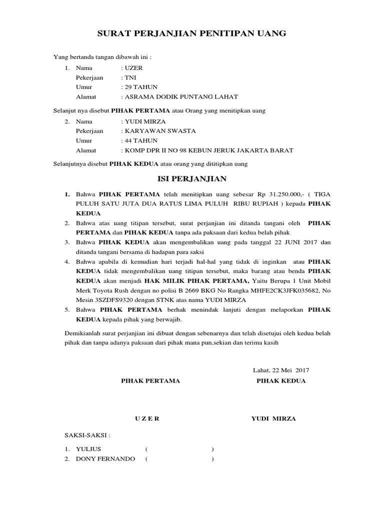 Contoh Surat Perjanjian Titip Uang Portal Informasi Terkini