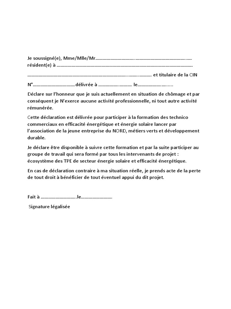 Attestation Sur l'Honneur