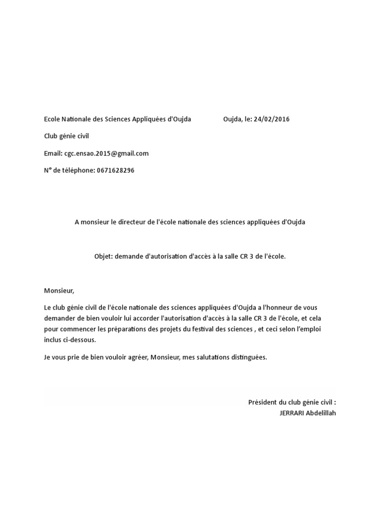 Demande D Autorisation D Acces Au Labo Fsd6 Pdf