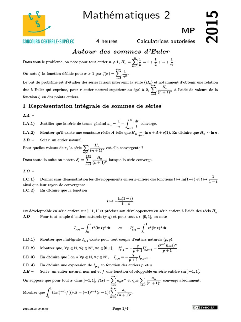 Mathematiques 2 Autour Des Sommes D Euler Serie Mathematiques Integral