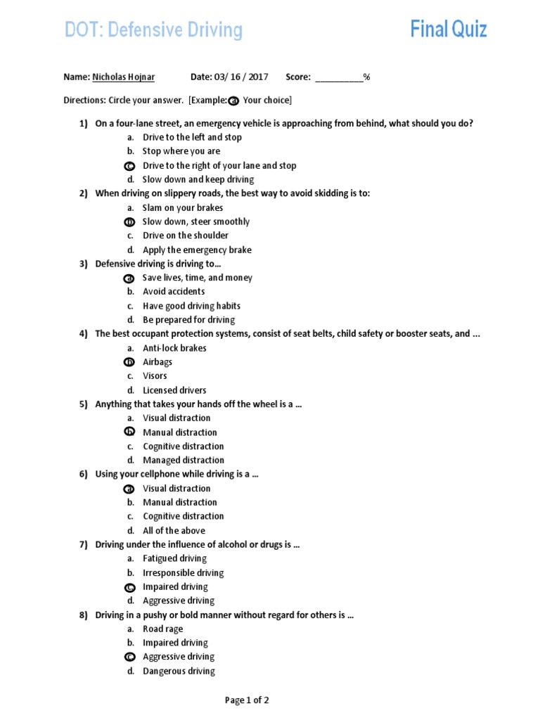 Quiz1 Defensive Driving HOJNAR PDF Traffic Vehicle Technology