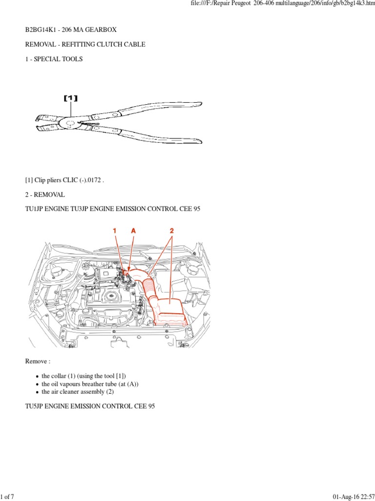Removal and Refitting Instructions for the Clutch Cable on Peugeot 206