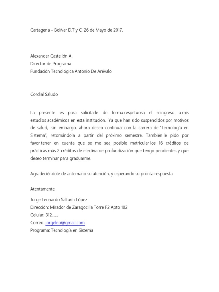 Ejemplo carta de reingreso a la universidad