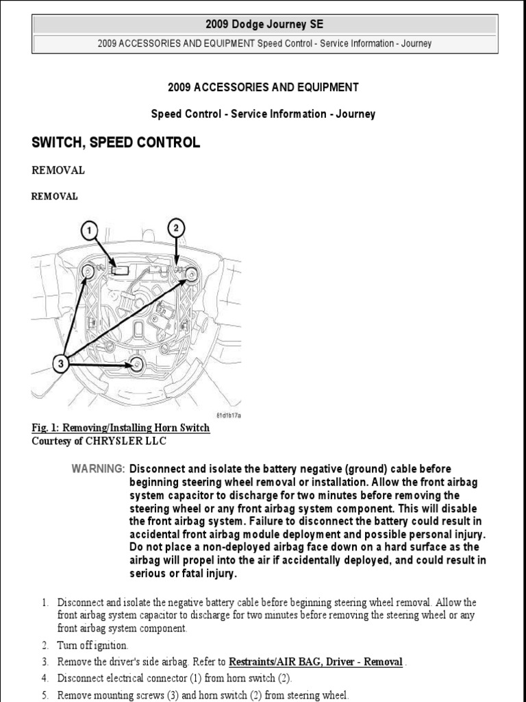 Switch, Speed Control Removal PDF Airbag Electrical Connector