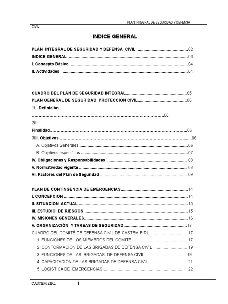 Plan de Seguridad y Defensa Civil CASTEM | PDF | Defensa Civil ...