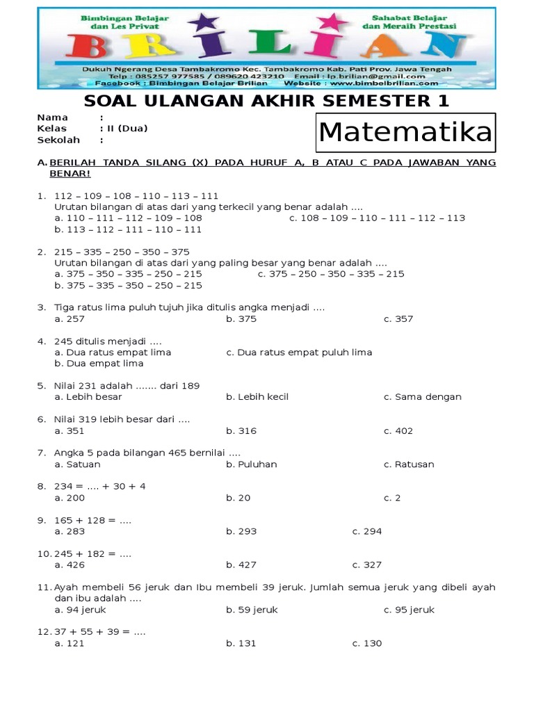 Soal Uas Matematika Kelas 2 Sd Semester 1 Ganjil Dan Kunci Jawaban Www Bimbelbrilian Com