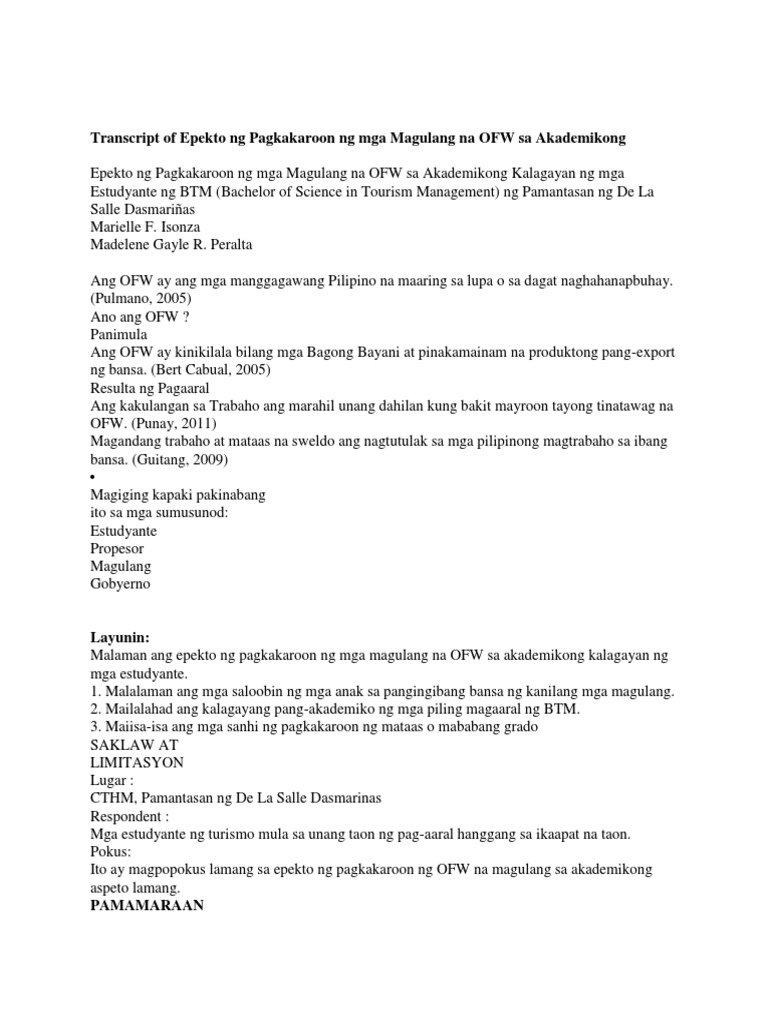 Transcript of Epekto NG Pagkakaroon NG Mga Magulang Na OFW Sa ...