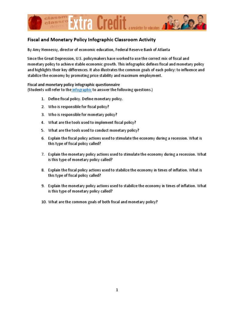 Extra Credit Fiscal and Monetary Policy Infographic Activity  PDF Within Monetary Policy Worksheet Answers