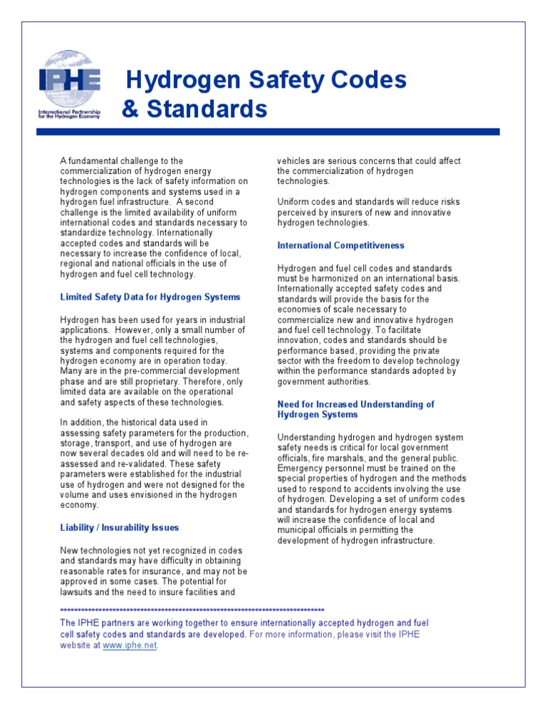 Hydrogen Safety Codes and Standards | PDF | Fuel Cell | Safety