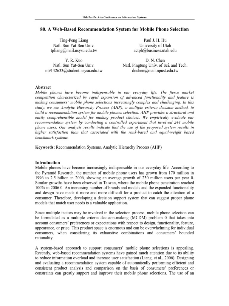 A Based System for Mobile Phone Selection P Value