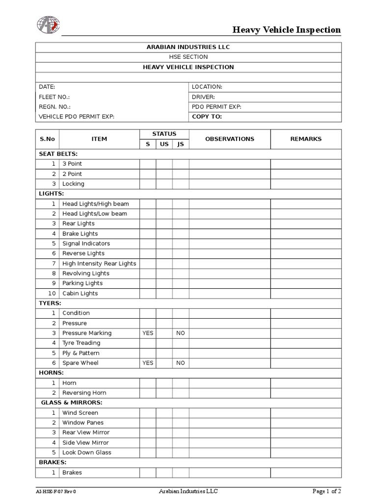 Heavy Vehicle Inspection Checklist | PDF | Vehicles | Motor Vehicle