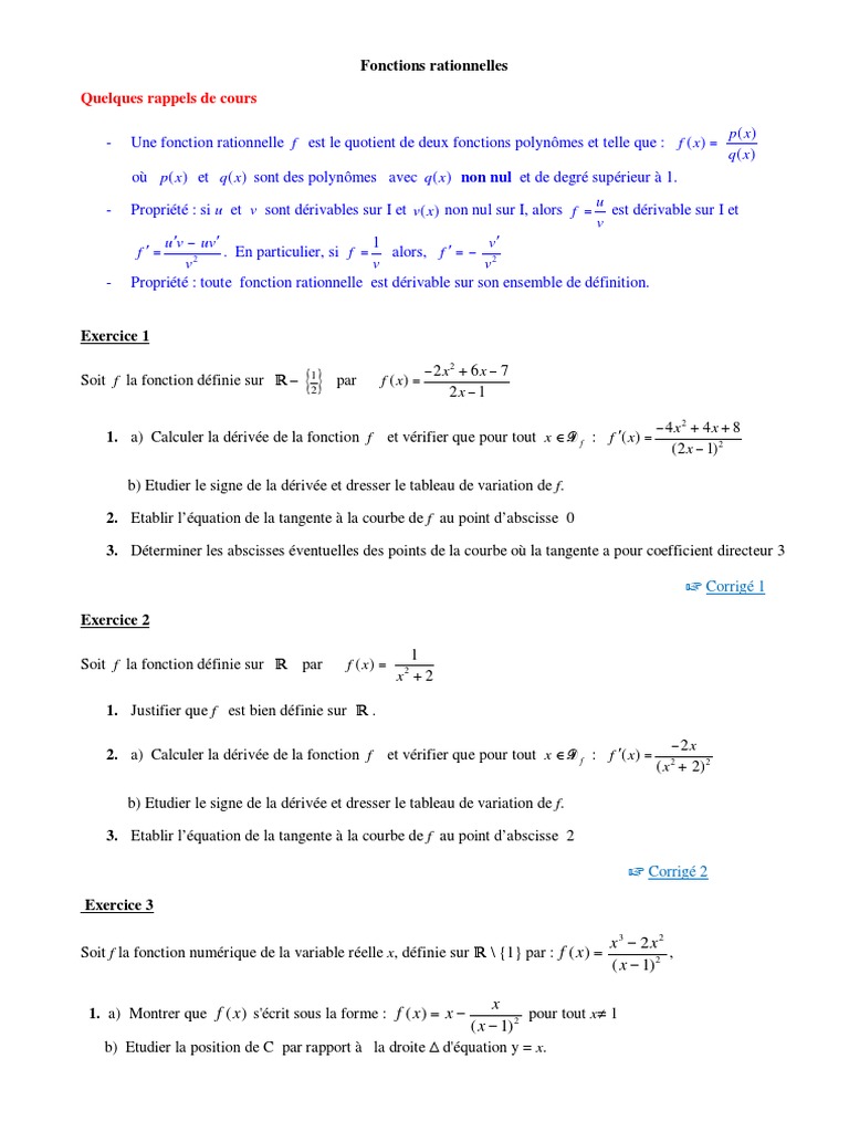 Equation Du Second Degré Exercice Corrigé Bac Pro Pdf Fonctions Rationnelles | PDF | Courbe | Tangente (géométrie)