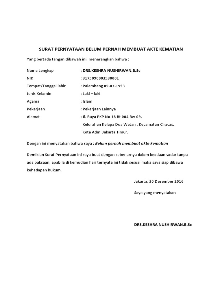 Surat Pernyataan Belum Pernah Membuat Akte Kematian Pdf