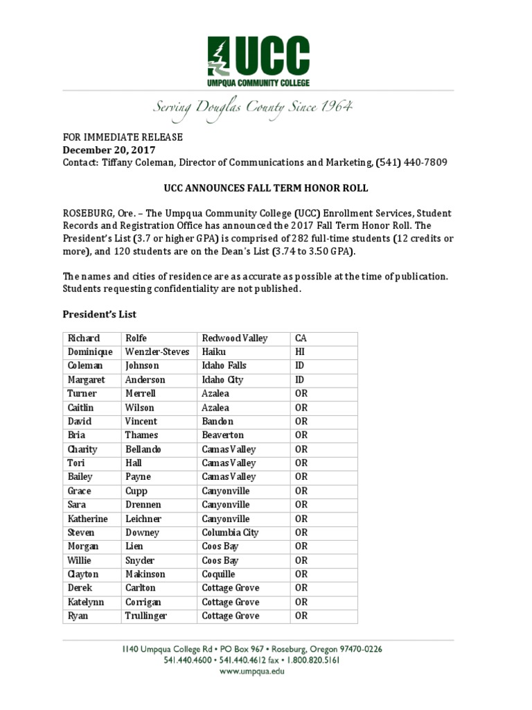 UCC News Release - Fall Term Honor Roll 2017 | PDF