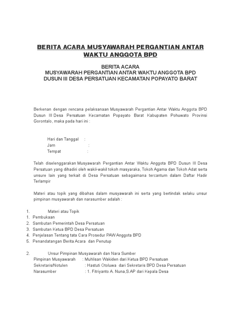 Berita Acara Musyawarah Pergantian Antar Waktu Anggota Bpd