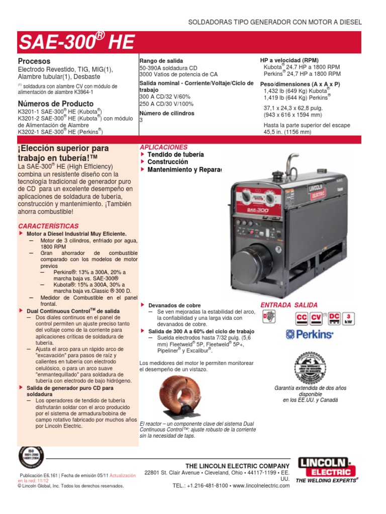 Ficha Técnica Soldadora Lincoln Sae300 HE Soldadura Construcción