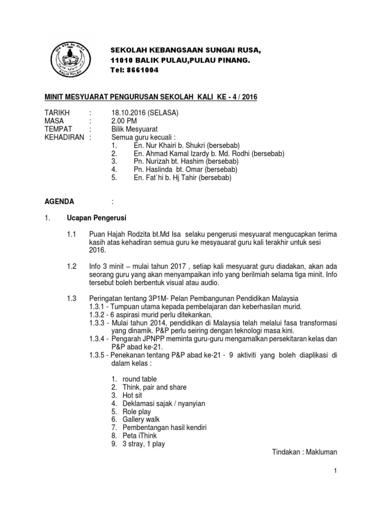 Minit Mesyuarat Pengurusan Sekolah Kali Ke 4 Pdf