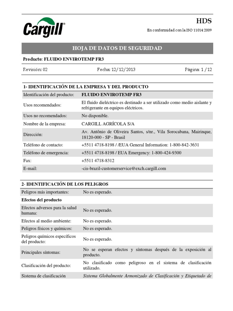 (Spanish) Material Safety Data Sheet Envirotemp Fr3 1213 PDF