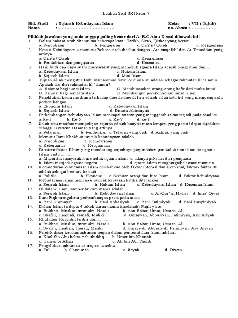 Soal Ski Kelas 7 Mts Semester Ganjil