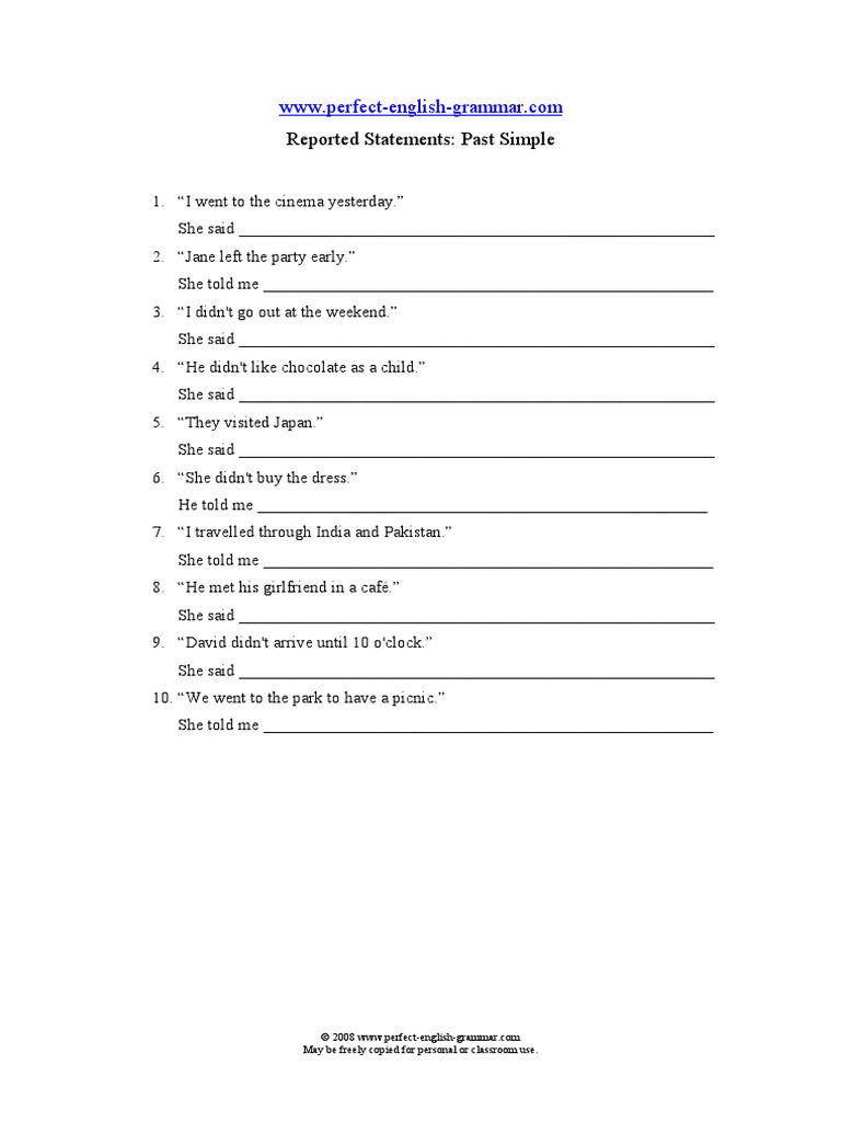 Reported Statements Past Simple PDF | PDF
