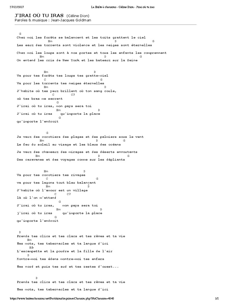Celine Dion Jirai Ou Tu Iras Paroles chanson j'irai ou tu iras celine dion, Gran oferta número apagado -  www.tradaka.com