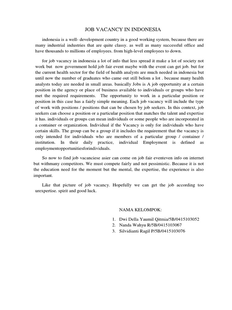 Job Vacancies in Indonesia: Opportunities Ahead | PDF