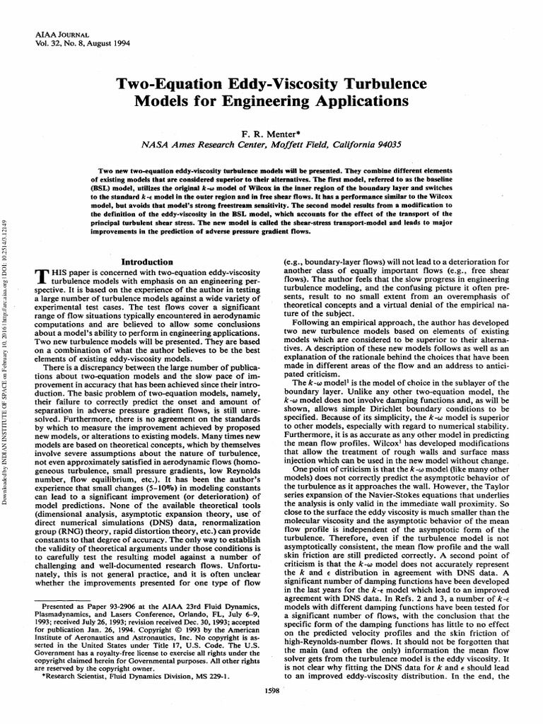 Two Equation Eddy Viscosity Turbulence Models For Engineering | PDF ...