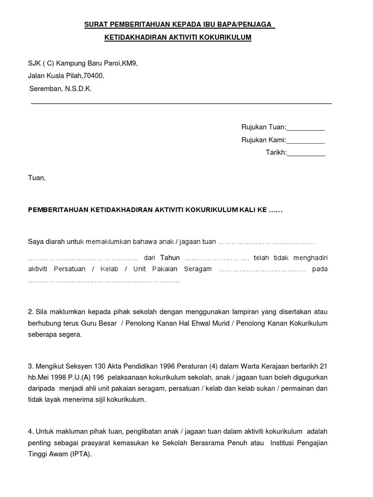 Surat Makluman Pembatalan Aktiviti Kokurikulum