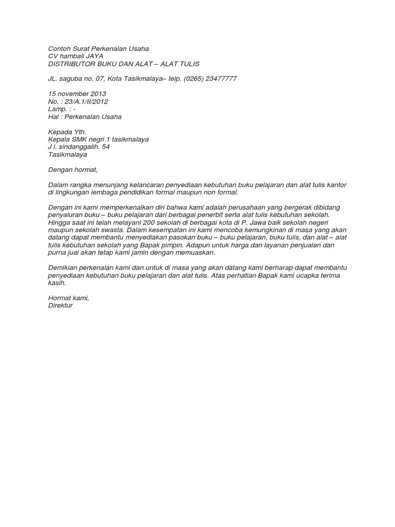 Contoh Surat Perkenalan Usaha