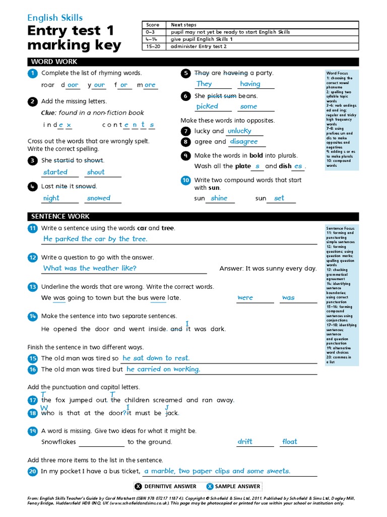 ES Entry Test Marking Key PDF | PDF | Adverb | Sentence (Linguistics)
