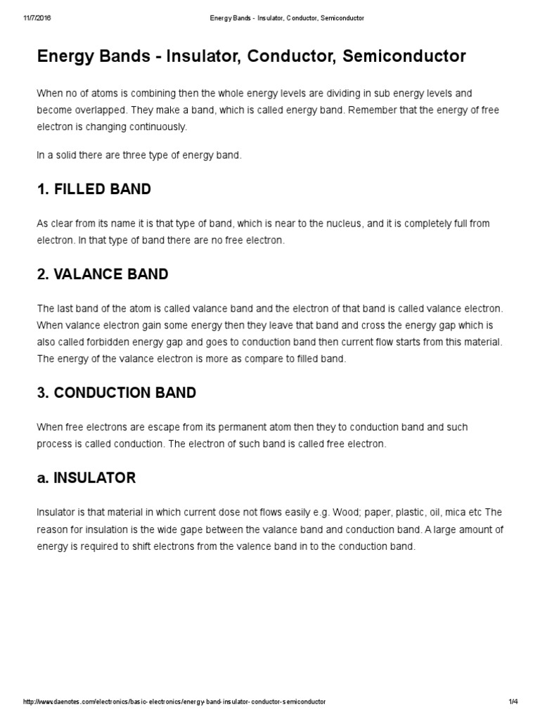Energy Bands Insulator Conductor Semiconductor PDF Semiconductors