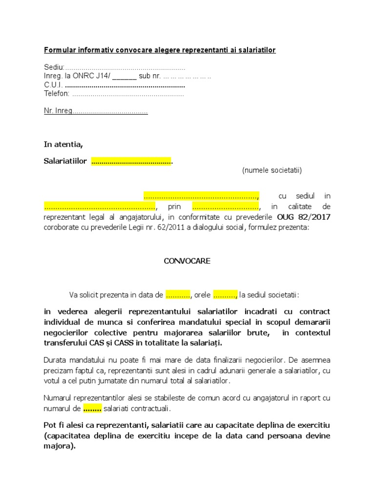 Formular informativ convocare alegere reprezentanti ai salariatilor pdf