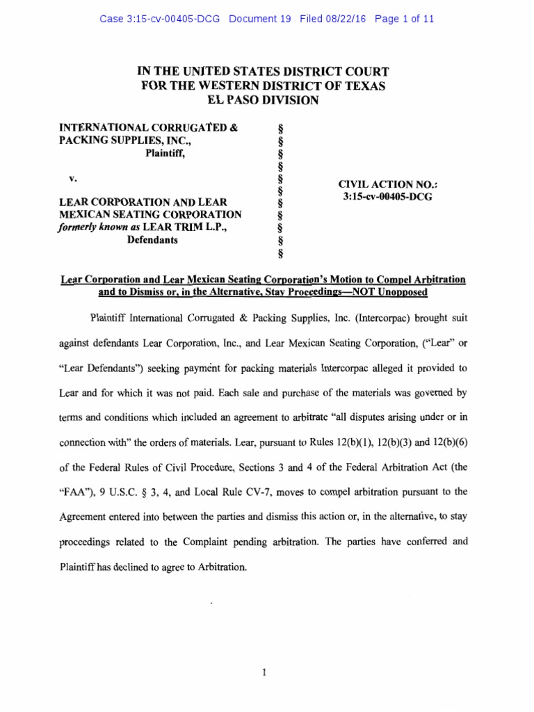 Intercopac v. Lear 19 Motion To Compel Arbitration PDF
