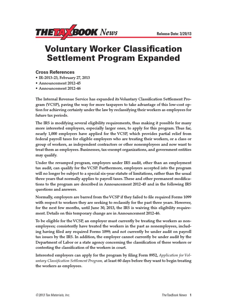 20130320 Voluntary Worker Classification Settlement Program