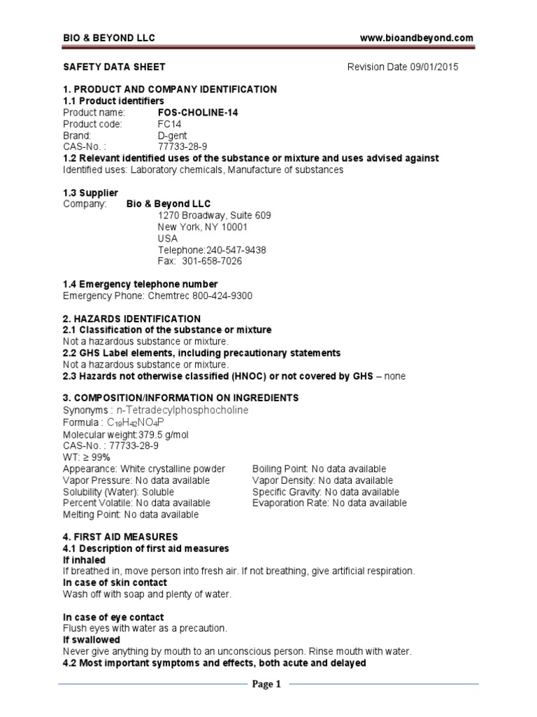 FOS Choline 14 MSDS PDF Materials Physical Sciences