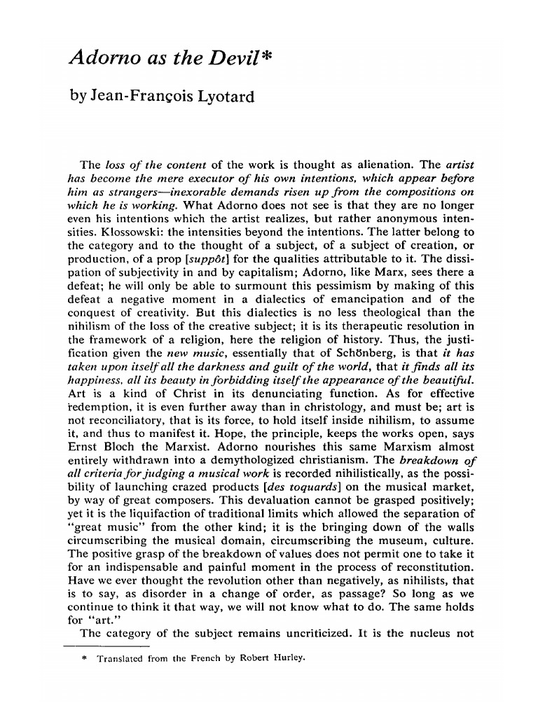 Lyotard Adorno As The Devil PDF Theodor W. Adorno Marxism
