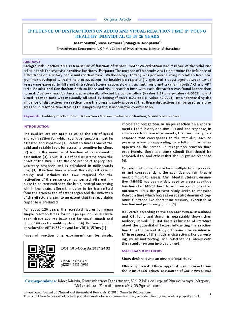 Influence of Distractions On Audio and Visual Reaction Time in Young ...