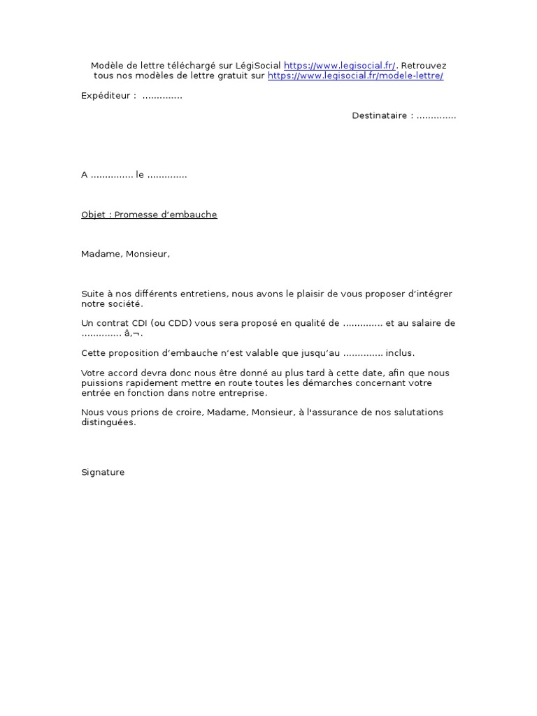 Modele Promesse D'embauche Sous Condition De Régularisation