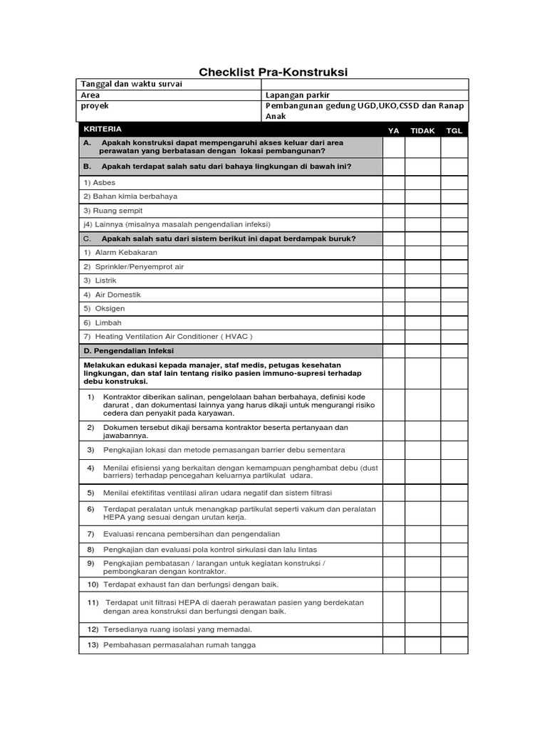 Checklist Konstruksi Rumah Sakit | PDF