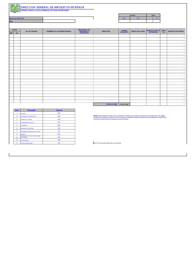 Formato IR-6 para Retenciones Mensuales | PDF | Depreciación | Impuestos