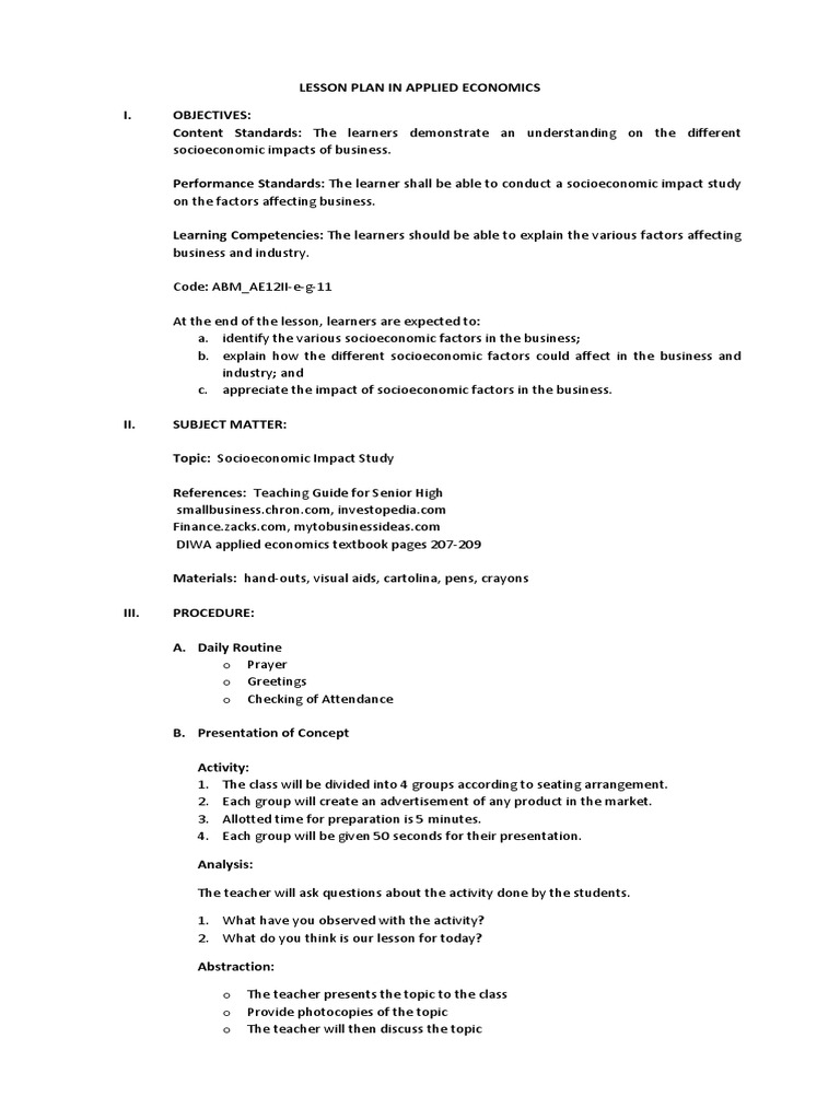 Lesson Plan For Demo Lesson Plan Economies