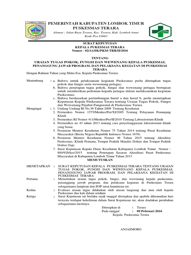 SK Uraian Tugas Kepala Puskesmas Penanggung Jawab Program Pdf