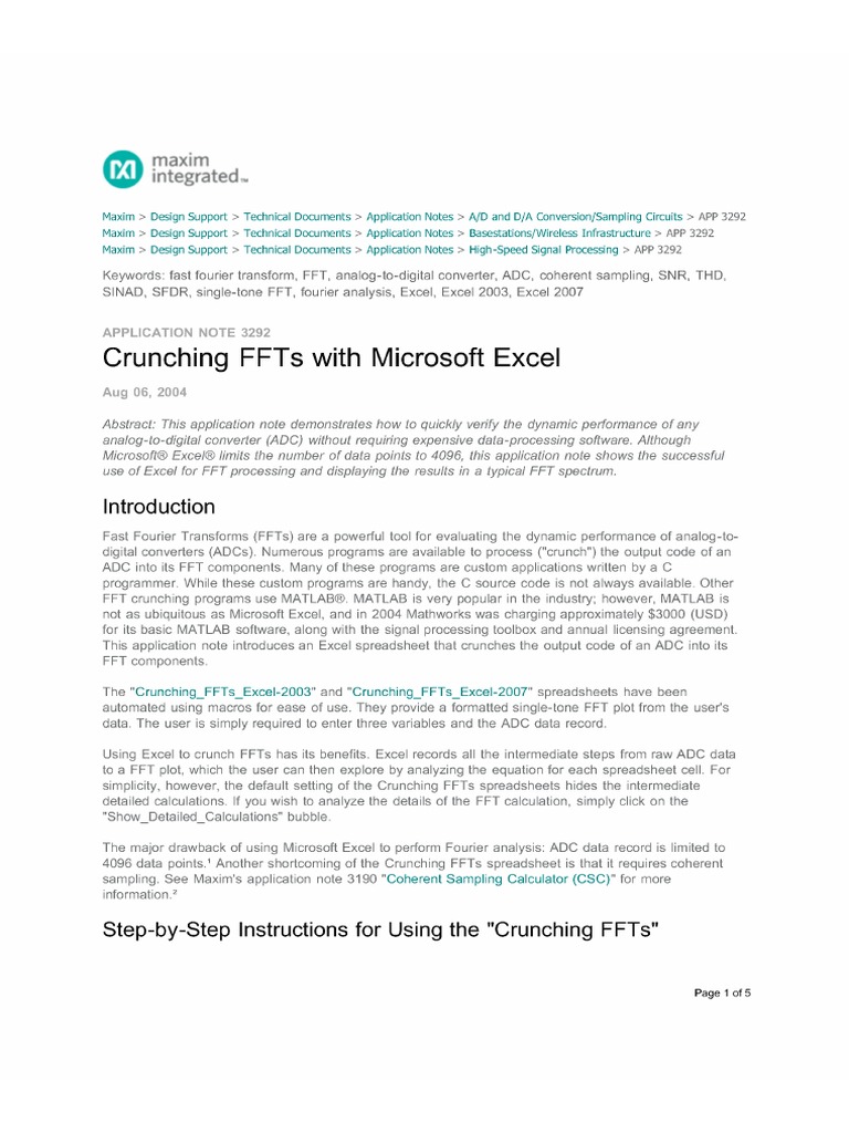 Microsoft Excel - Application Note - Crunching FFTs | Visual Basic For  Applications | Microsoft Excel