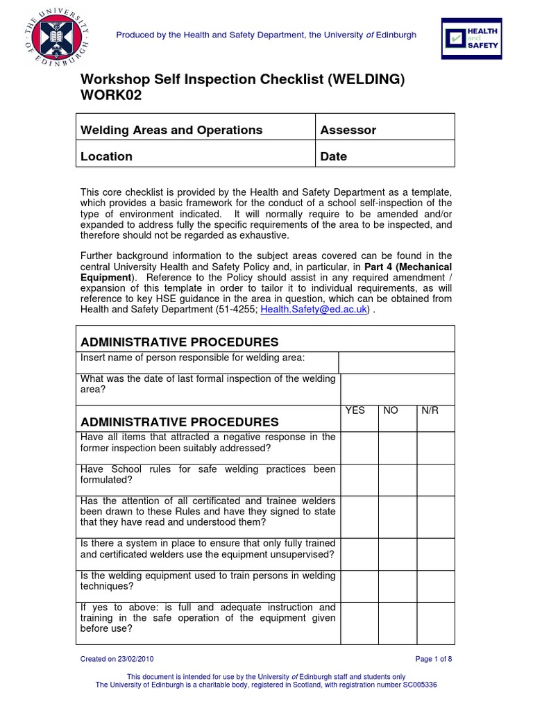 Welding Workshop Safety Checklist | PDF | Occupational Safety And ...