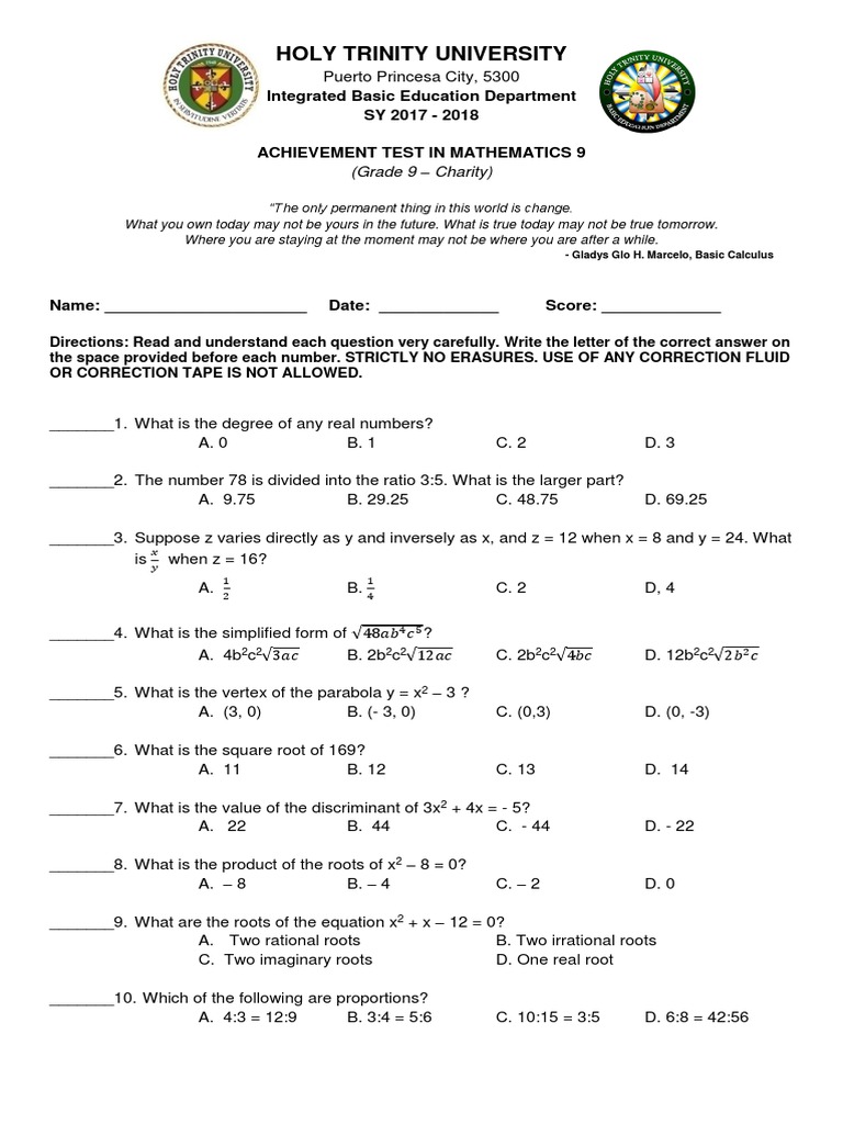 Grade 9 Mathematics Achievement Test | PDF | Quadratic Equation | Algebra