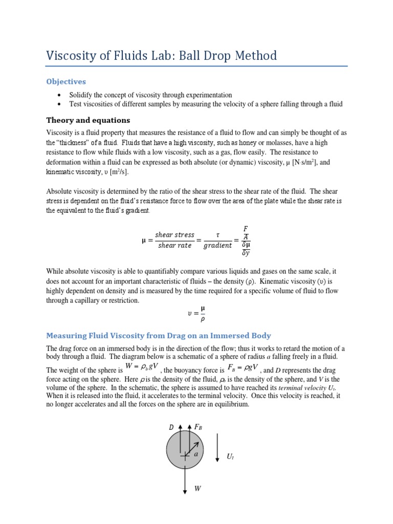 Viscosity of Fluids Lab Ball Drop Method PDF Viscosity Fluid